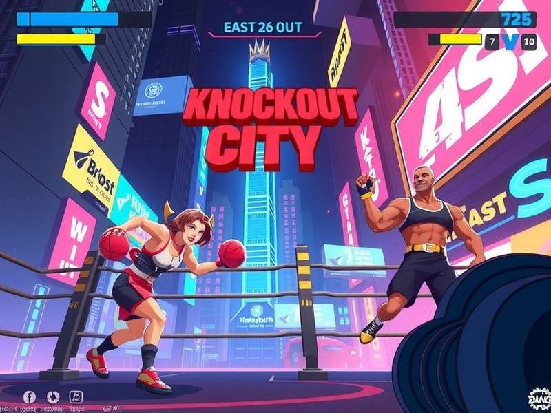 A dynamic in-game scene from Knockout City showing players throwing and catching dodgeballs in a neon-lit urban arena