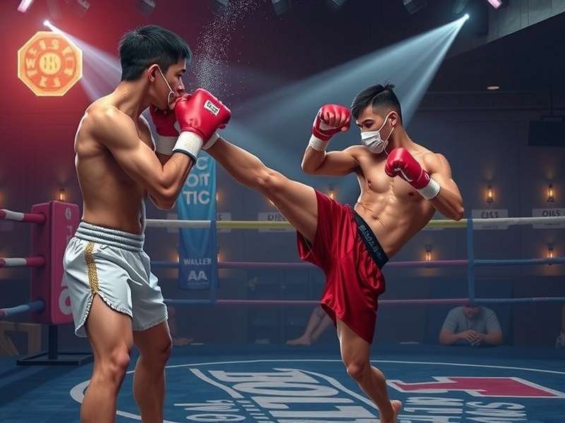 A dynamic kickboxing match showing a fighter delivering a high kick