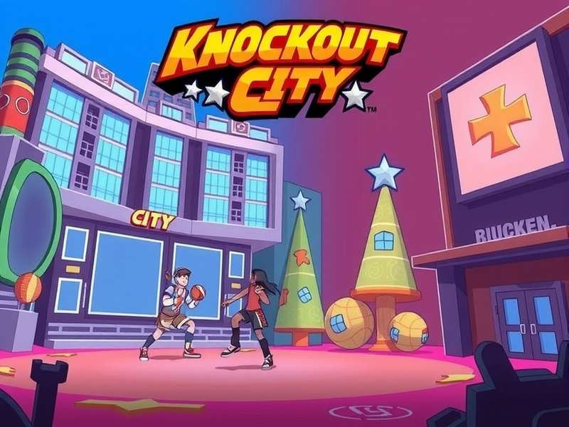 Knockout City urban arena with neon lights and players in action