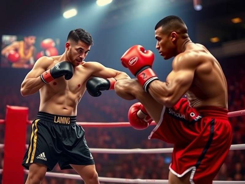 Two kickboxers in action during a professional match, executing a high kick under bright arena lights.